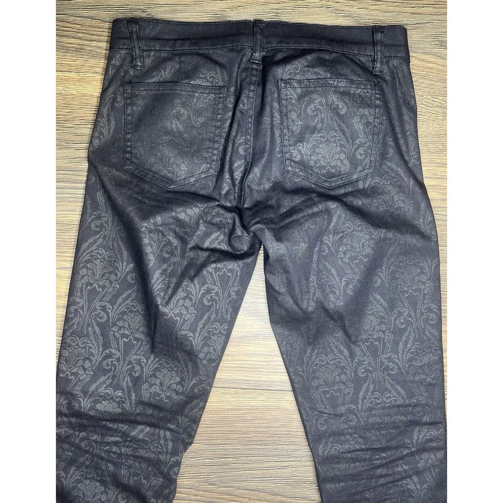 Tory Burch Black Damask Skinny Pants Womens 26 Coated Jacquard Mid Rise‎ 30 In